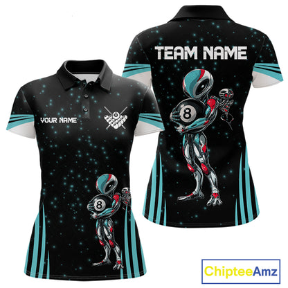 Funny Alien 8 Ball women's billiard polo shirt custom turquoise galaxy pool jersey, personalized billiards team uniform, 8 ball pool shirt, custom cue sports apparel