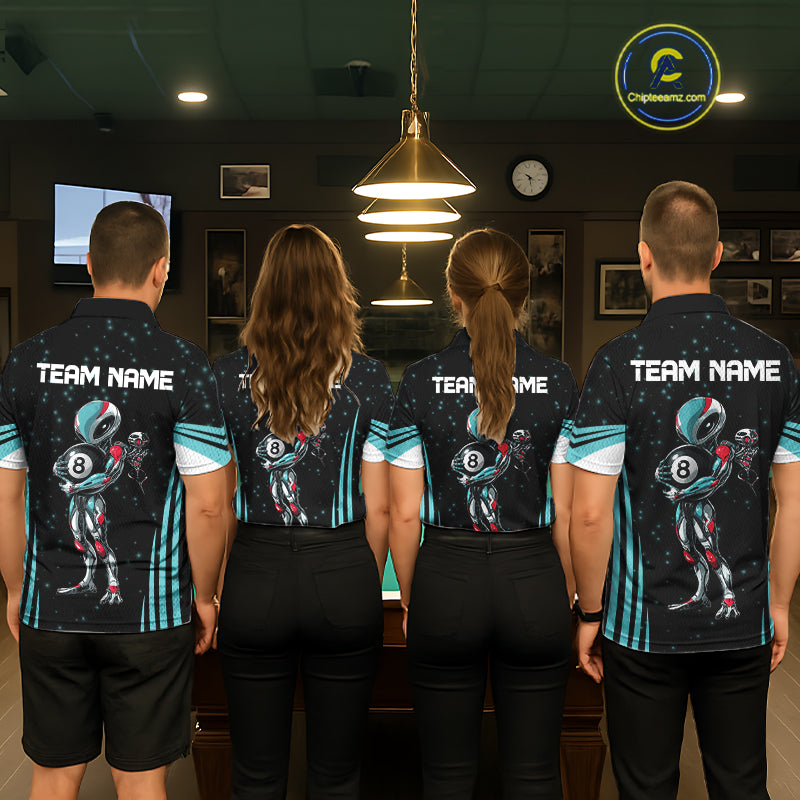 Men women billiard team wearing Funny Alien 8 Ball turquoise galaxy custom pool uniforms, professional 8 ball team jerseys