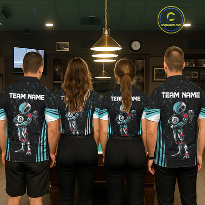 Men women billiard team wearing Funny Alien 8 Ball turquoise galaxy custom pool uniforms, professional 8 ball team jerseys
