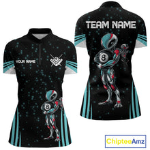Load image into Gallery viewer, Funny Alien 8 Ball women's quarter zip billiard shirt custom turquoise galaxy pool team jersey, personalized billiards apparel, tournament pool uniform