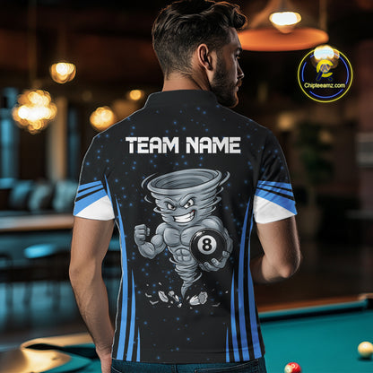 Male pool player wearing Funny Muscle Tornado 8 Ball blue billiard jersey during league competition and cue sports event
