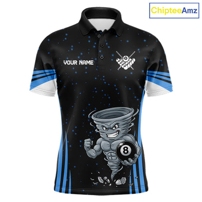 Funny Muscle Tornado 8 Ball men's billiard polo shirt custom blue pool jersey, personalized billiards team apparel, custom 8 ball uniform