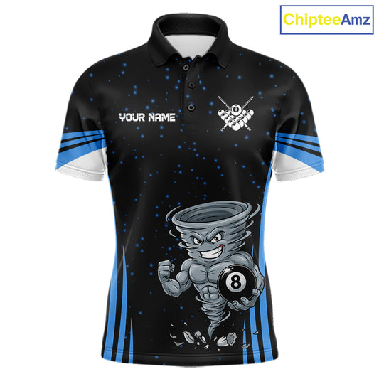 Funny Muscle Tornado 8 Ball men's billiard polo shirt custom blue pool jersey, personalized billiards team apparel, custom 8 ball uniform