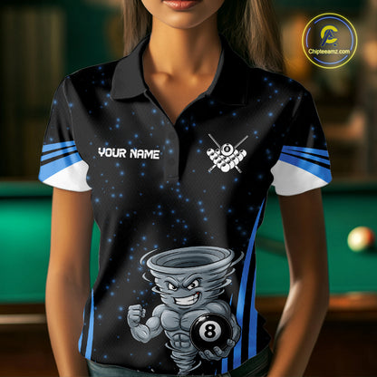 Female pool player wearing Funny Muscle Tornado 8 Ball blue billiard jersey during league competition and cue sports event