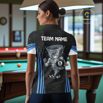 Female pool player wearing Funny Muscle Tornado 8 Ball blue billiard jersey during league competition and cue sports event