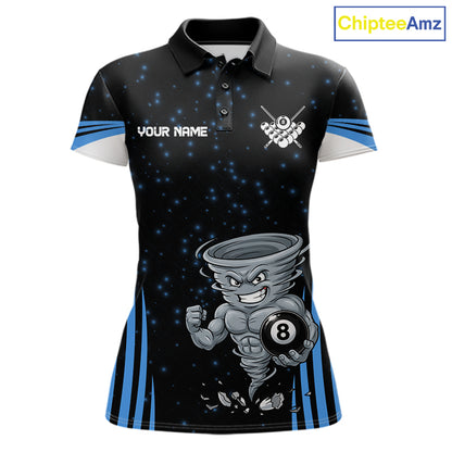 Funny Muscle Tornado 8 Ball women's billiard polo shirt custom blue pool jersey, personalized billiards team apparel, custom 8 ball uniform