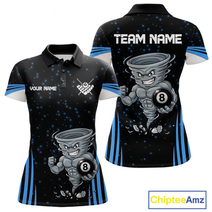 Funny Muscle Tornado 8 Ball women's billiard polo shirt custom blue pool jersey, personalized billiards team apparel, custom 8 ball uniform