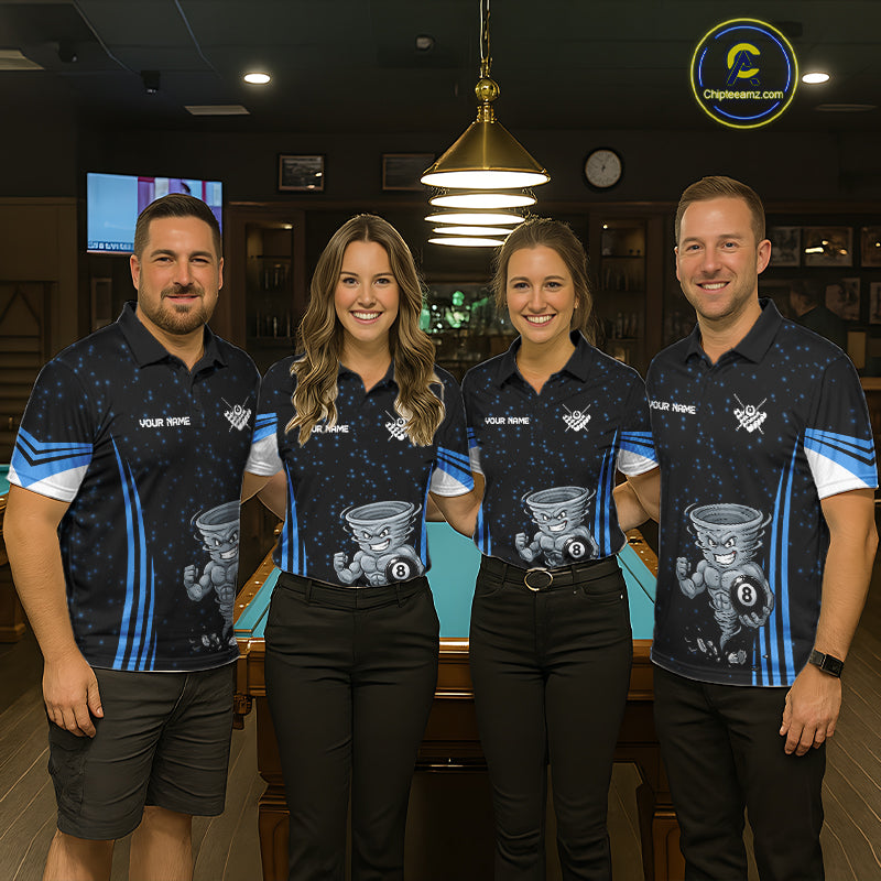 Men women billiard team wearing Funny Muscle Tornado 8 Ball custom blue pool uniforms, professional billiards team jerseys