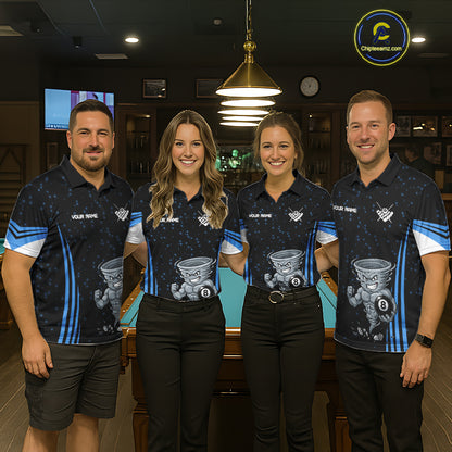 Men women billiard team wearing Funny Muscle Tornado 8 Ball custom blue pool uniforms, professional billiards team jerseys