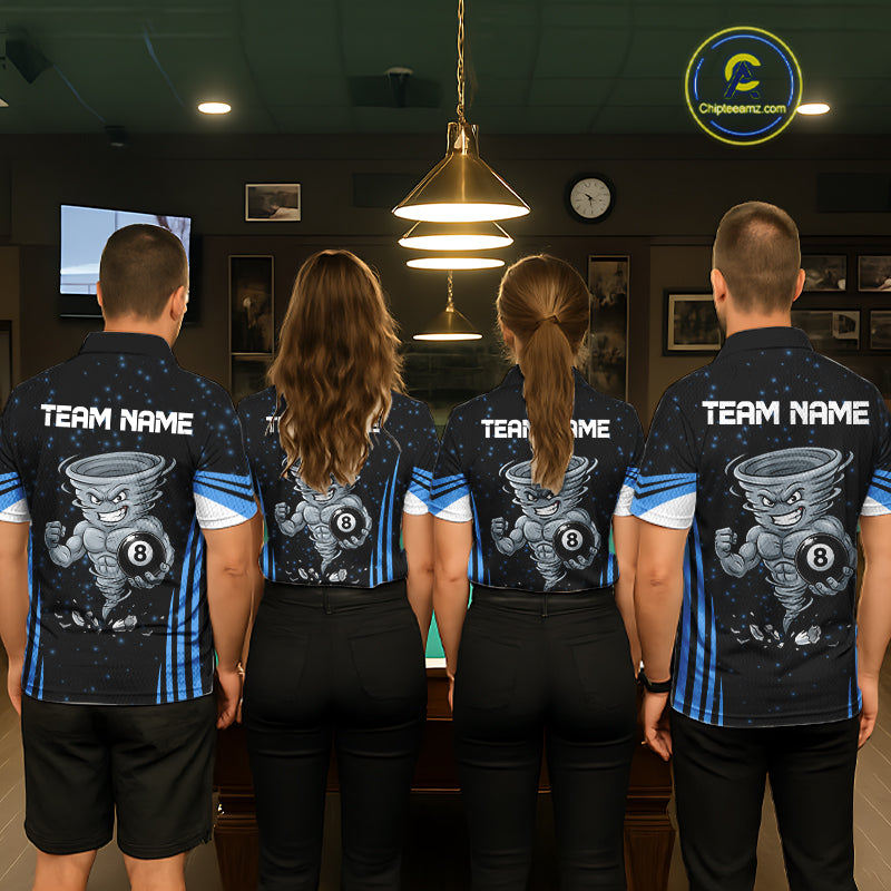 Men women billiard team wearing Funny Muscle Tornado 8 Ball custom blue pool uniforms, professional billiards team jerseys