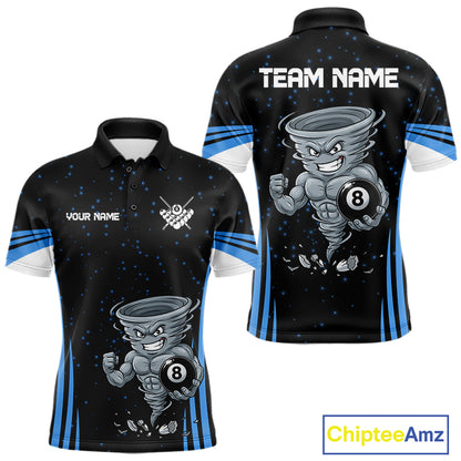 Funny Muscle Tornado 8 Ball men's billiard polo shirt custom blue pool jersey, personalized billiards team apparel, custom 8 ball uniform