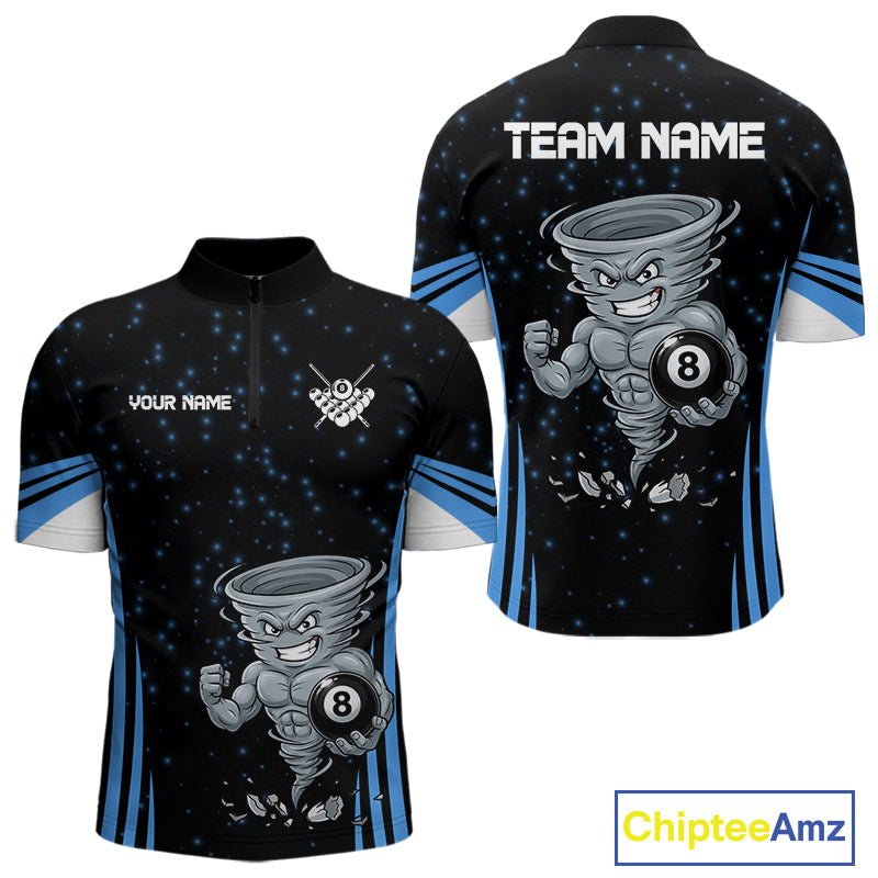 Funny Muscle Tornado 8 Ball men's quarter zip billiard shirt custom blue pool team jersey, tournament billiards apparel