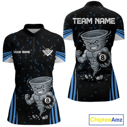 Funny Muscle Tornado 8 Ball women's quarter zip billiard shirt custom blue pool team jersey, tournament billiards apparel