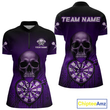 Load image into Gallery viewer, Black And Purple Skull Camo Heart Dartboard Darts Quarter-Zip Shirt For Women Grunge Dart Jerseys NYN1963