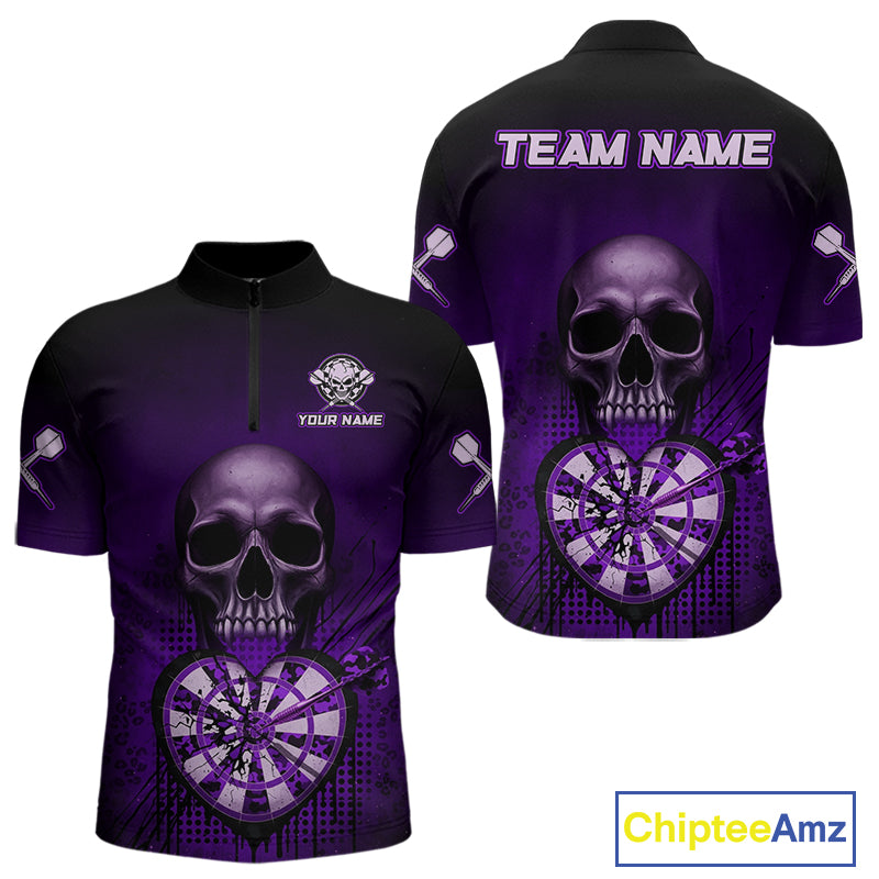 Black And Purple Skull Camo Heart Dartboard Darts Quarter-Zip Shirt For Men Grunge Dart Jerseys NYN1963