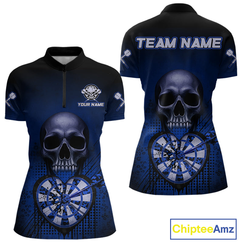 Black And Blue Skull Camo Heart Dartboard Darts Quarter-Zip Shirt For Women Grunge Dart Jerseys NYN1964