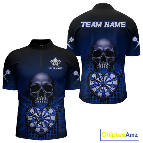 Black And Blue Skull Camo Heart Dartboard Darts Quarter-Zip Shirt For Men Grunge Dart Jerseys NYN1964