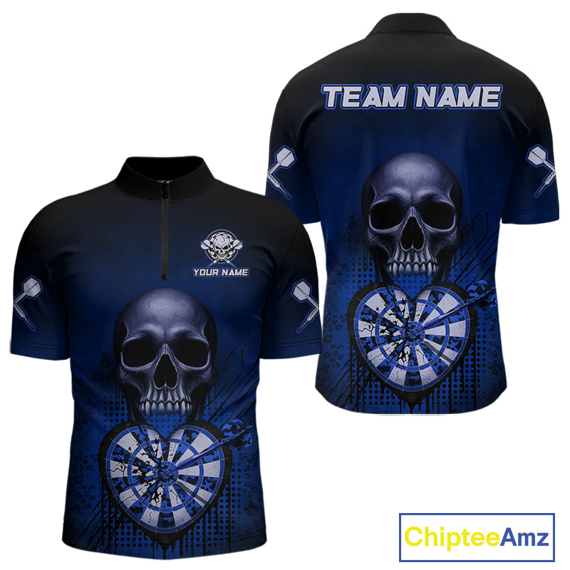 Black And Blue Skull Camo Heart Dartboard Darts Quarter-Zip Shirt For Men Grunge Dart Jerseys NYN1964