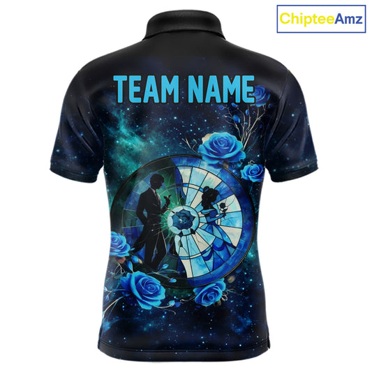 Blue Galaxy Roses Groom & Bride Dartboard Men Darts Polo Shirt Custom Valentine Dart Couple Gifts NYN2516