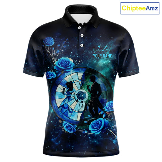 Blue Galaxy Roses Groom & Bride Dartboard Men Darts Polo Shirt Custom Valentine Dart Couple Gifts NYN2516