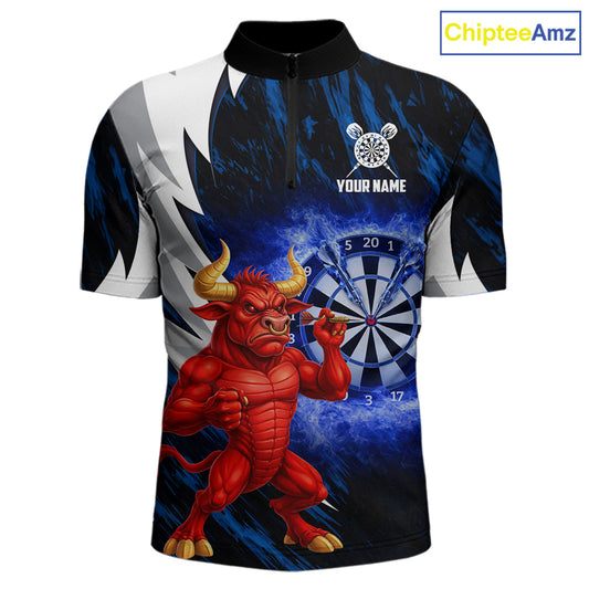Personalized Blue Dartboard Flame Dart Polo & Quarter Zip Shirt Funny Bull Darts Attire For Men NYN2870