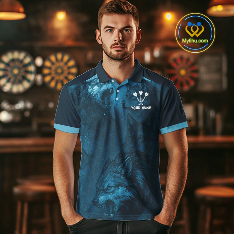 Men’s Team Darts Shirt With Dark Navy Wolves And Grunge Dartboard Pattern NYN0306