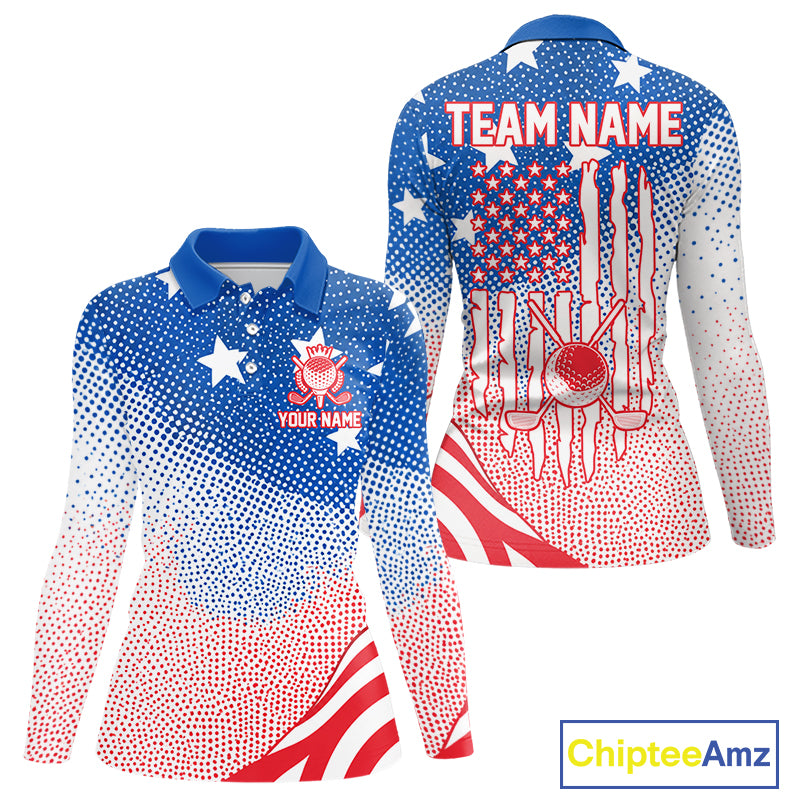 Red, Blue And White American Flag Golf Polo Shirts For Women Custom Patriot Golf Team Tournament NYN3255