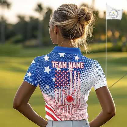 Red, Blue And White American Flag Golf Polo Shirts For Women Custom Patriot Golf Team Tournament NYN3255