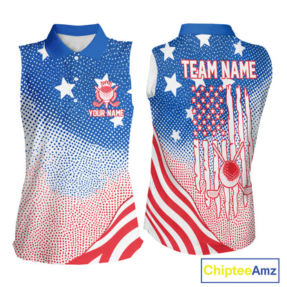 Red, Blue And White American Flag Golf Sleeveless Polo Shirts For Women Custom Patriot Golf Team Tournament NYN3255