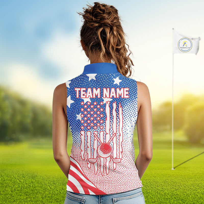 Red, Blue And White American Flag Golf Sleeveless Polo Shirts For Women Custom Patriot Golf Team Tournament NYN3255