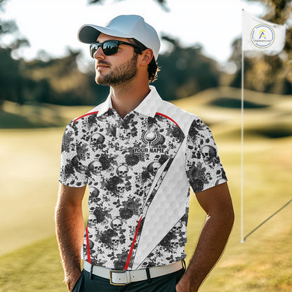 Black And White Skull Roses Golf Polo Shirts For Men Custom Golf Team Attire For Golfers NYN3256