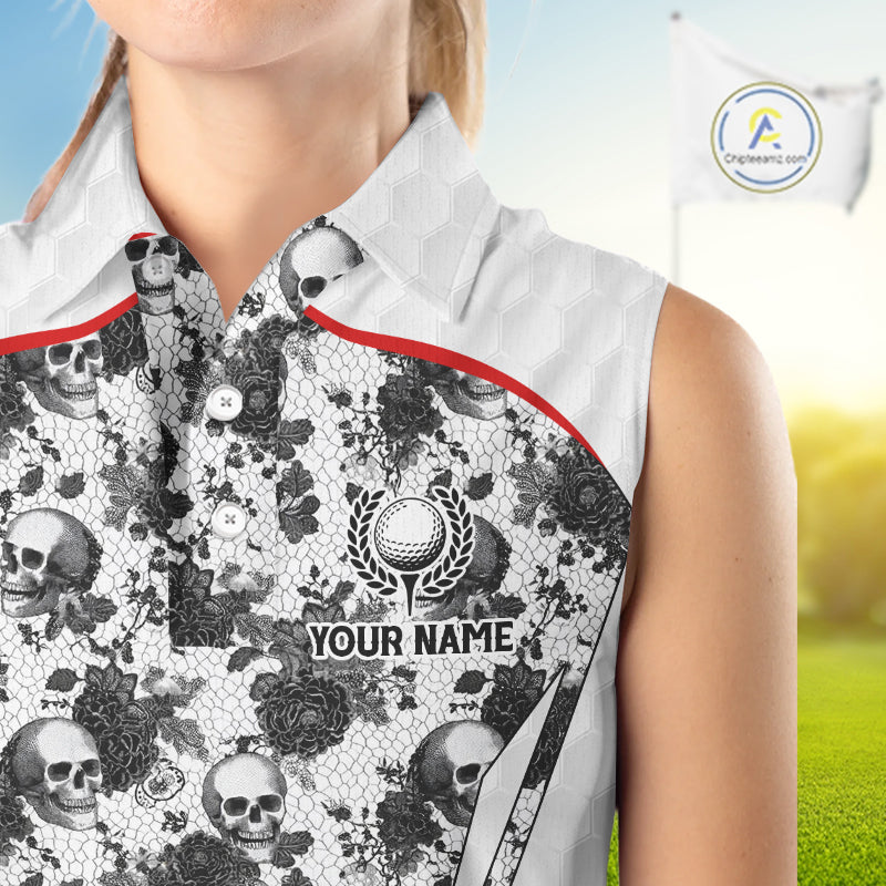 Black And White Skull Roses Golf Sleeveless Polo Shirts For Women Custom Golf Team Attire For Golfers NYN3256