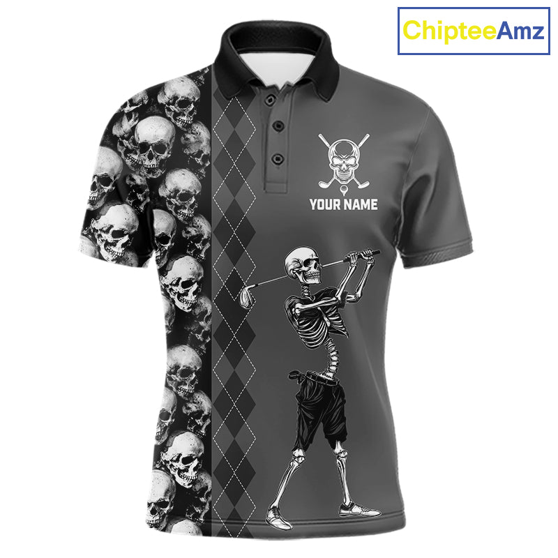 Grey Skeleton Men's Golf Polo Shirt mockup with skull graphic, personalized golf shirt, custom name golf polo, Halloween golf apparel, moisture-wicking performance golf jersey, gothic sports fashion.