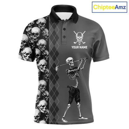 Grey Skeleton Men's Golf Polo Shirt mockup with skull graphic, personalized golf shirt, custom name golf polo, Halloween golf apparel, moisture-wicking performance golf jersey, gothic sports fashion.