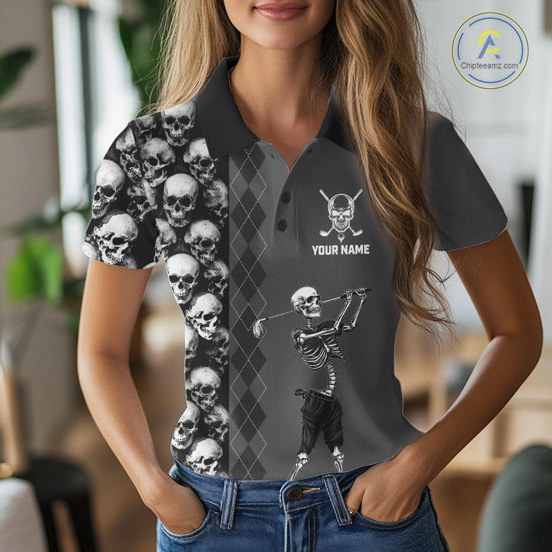 Women's model wearing Grey Skeleton Golf Polo Shirt, oversized skull golf apparel, Halloween golf fashion, matching golf team outfit, personalized golf clothing.