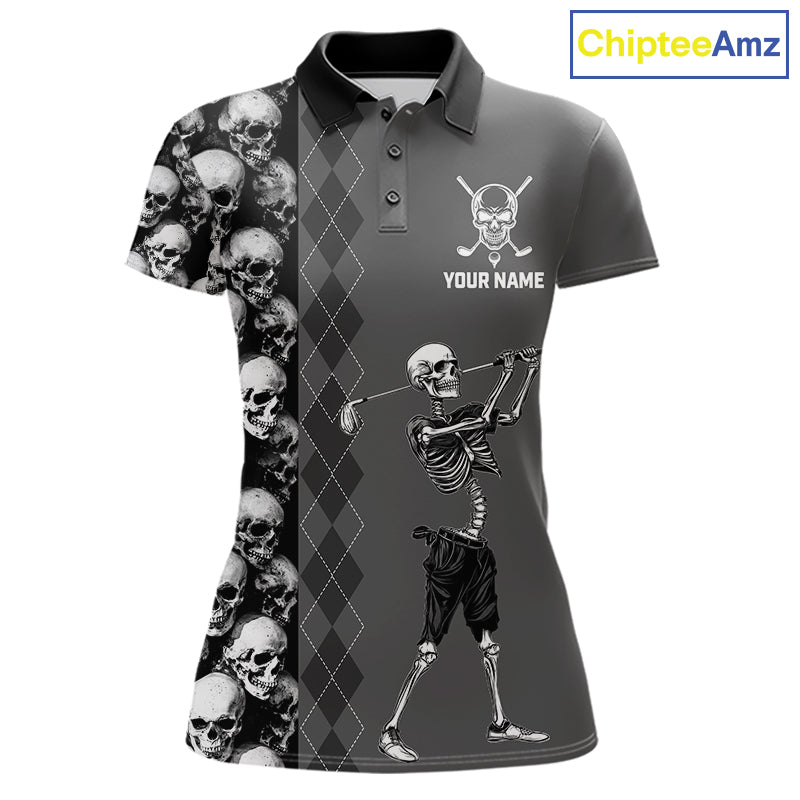 Grey Skeleton Women's Golf Polo Shirt mockup featuring skull design, personalized women's golf polo, custom golf team apparel, Halloween golf clothing, gothic golf fashion, breathable performance golf shirt, unique golf gift for women.