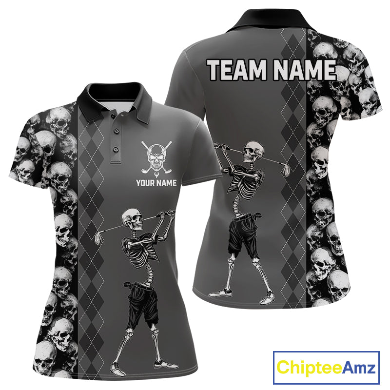 Grey Skeleton Women's Golf Polo Shirt mockup featuring skull design, personalized women's golf polo, custom golf team apparel, Halloween golf clothing, gothic golf fashion, breathable performance golf shirt, unique golf gift for women.