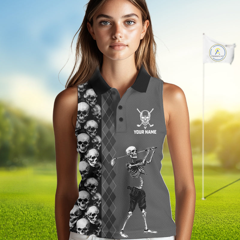 Women's model wearing Grey Skeleton Golf Polo Shirt, oversized skull golf apparel, Halloween golf fashion, matching golf team outfit, personalized golf clothing.