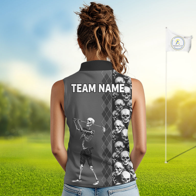 Women's model wearing Grey Skeleton Golf Polo Shirt, oversized skull golf apparel, Halloween golf fashion, matching golf team outfit, personalized golf clothing.