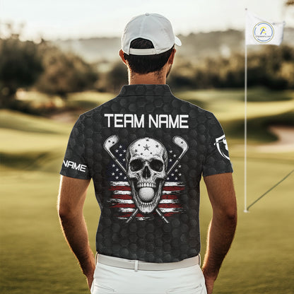 Men's model wearing Skull US Flag Golf Polo Shirt, patriotic golf apparel, veteran golf clothing, custom golf team shirt, American flag sportswear, golf tournament outfit.