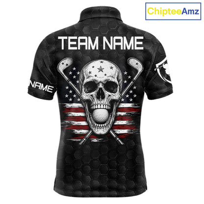 Black White Skull US Flag Men's Golf Polo Shirt mockup, personalized patriotic golf shirt, skull American flag golf apparel, custom golf jersey, performance polo, Memorial Day and Independence Day golf clothing.