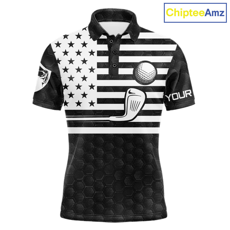 Black White Skull US Flag Men's Golf Polo Shirt mockup, personalized patriotic golf shirt, skull American flag golf apparel, custom golf jersey, performance polo, Memorial Day and Independence Day golf clothing.