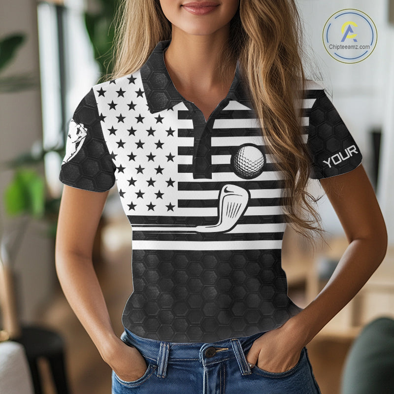 Women's model wearing Skull US Flag Golf Polo Shirt, patriotic golf fashion, oversized golf apparel, matching couple golf outfit, USA golf clothing.