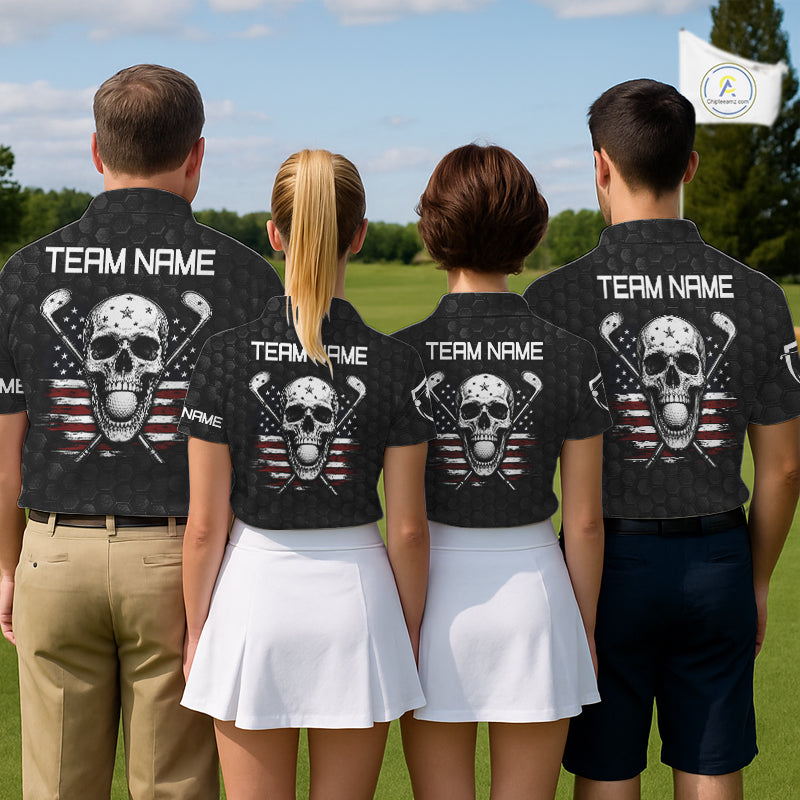 Golf team wearing Patriotic Skull US Flag Golf Polo Shirts, custom golf club uniforms, American golf tournament apparel, Memorial Day golf jerseys, veteran golf outing shirts.