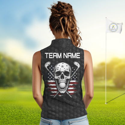 Women's model wearing Skull US Flag Golf Polo Shirt, patriotic golf fashion, oversized golf apparel, matching couple golf outfit, USA golf clothing.