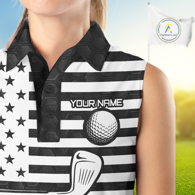 Women's model wearing Skull US Flag Golf Polo Shirt, patriotic golf fashion, oversized golf apparel, matching couple golf outfit, USA golf clothing.
