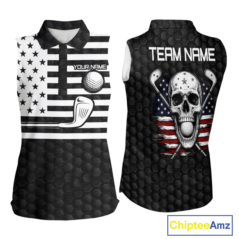Black White Skull US Flag Sleeveless Golf Polo Shirt mockup featuring patriotic skull design, American flag golf apparel, personalized golf polo, veteran golf shirt, custom golf team clothing, patriotic sportswear.