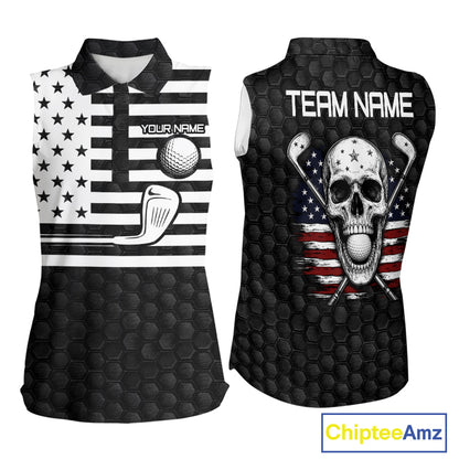 Black White Skull US Flag Sleeveless Golf Polo Shirt mockup featuring patriotic skull design, American flag golf apparel, personalized golf polo, veteran golf shirt, custom golf team clothing, patriotic sportswear.