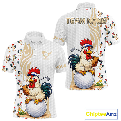Funny Rooster Men's Golf Polo Shirt mockup, rooster golf apparel, personalized golf shirt, custom team golf jersey, country lifestyle golf clothing, humorous golf gift, performance golf polo.