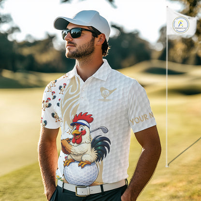 Men's model wearing Funny Rooster Golf Polo Shirt, rooster mascot golf apparel, custom golf team clothing, country golf fashion, personalized golf outfit.